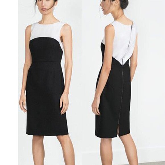 Zara Dresses & Skirts - Zara Black White Colorblock Exposed Full Zip Sleeveless Sheath Career Dress L